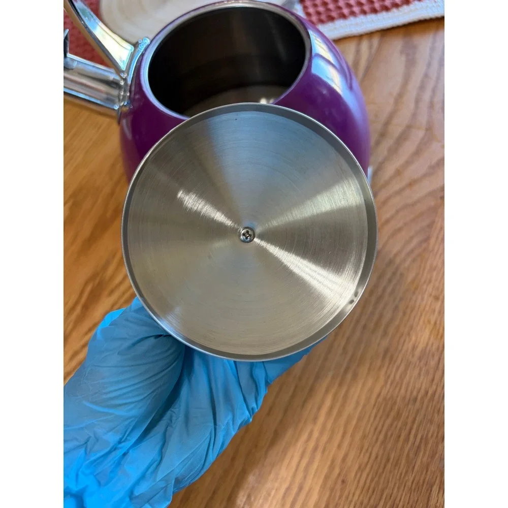 Pinky Up Whistling Tea Kettle Purple Enamel Stainless Steel Wood Grain Handle